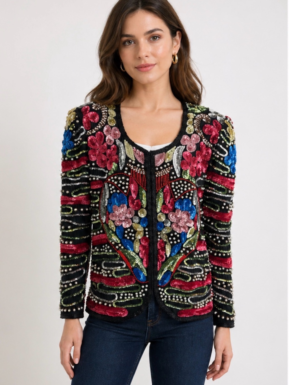 SWEE LO Embellished Black Floral Sequin Jacket Size M